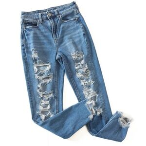 American Eagle Womens 00 Mom Jeans Distressed Raw Hem Stretch Denim